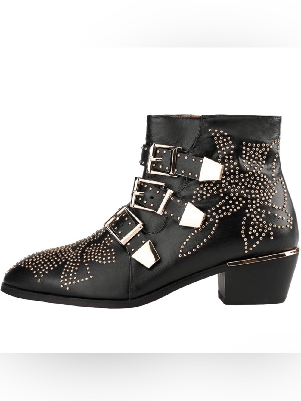 Studded Ankle Boots Leather Multiple Buckle Chunky Heel Booties